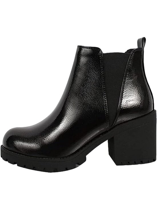 Shoes - Women's Black Pat Origami Lug Sole Mid Heel Ankle Bootie Double Elastic Boot